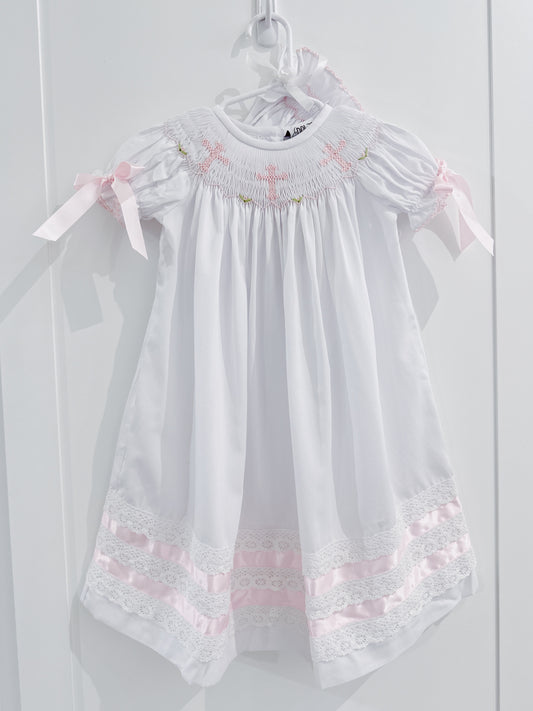 Delaney White Smocked Pink Cross Daygown with Bonnet