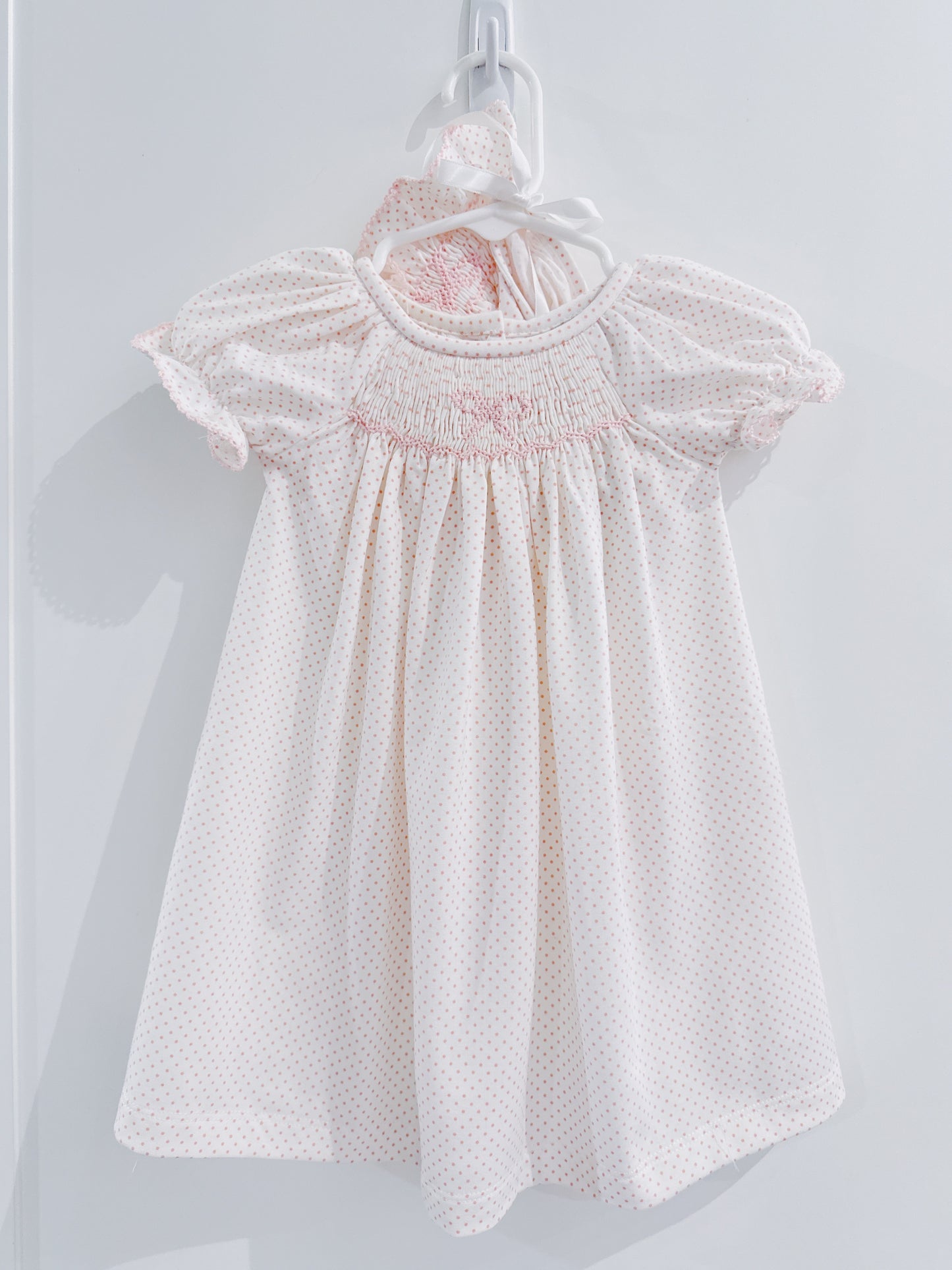 Delaney White/Pink Dot Smocked Bow Daygown with Bonnet