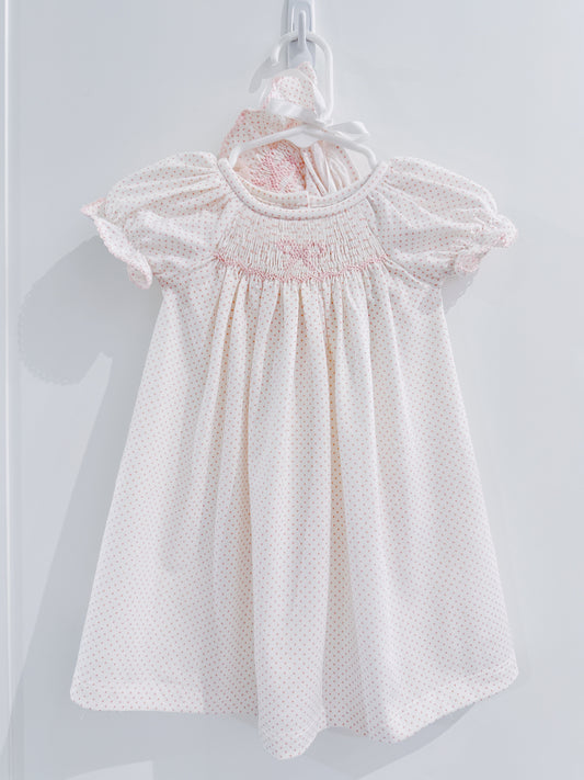 Delaney White/Pink Dot Smocked Bow Daygown with Bonnet
