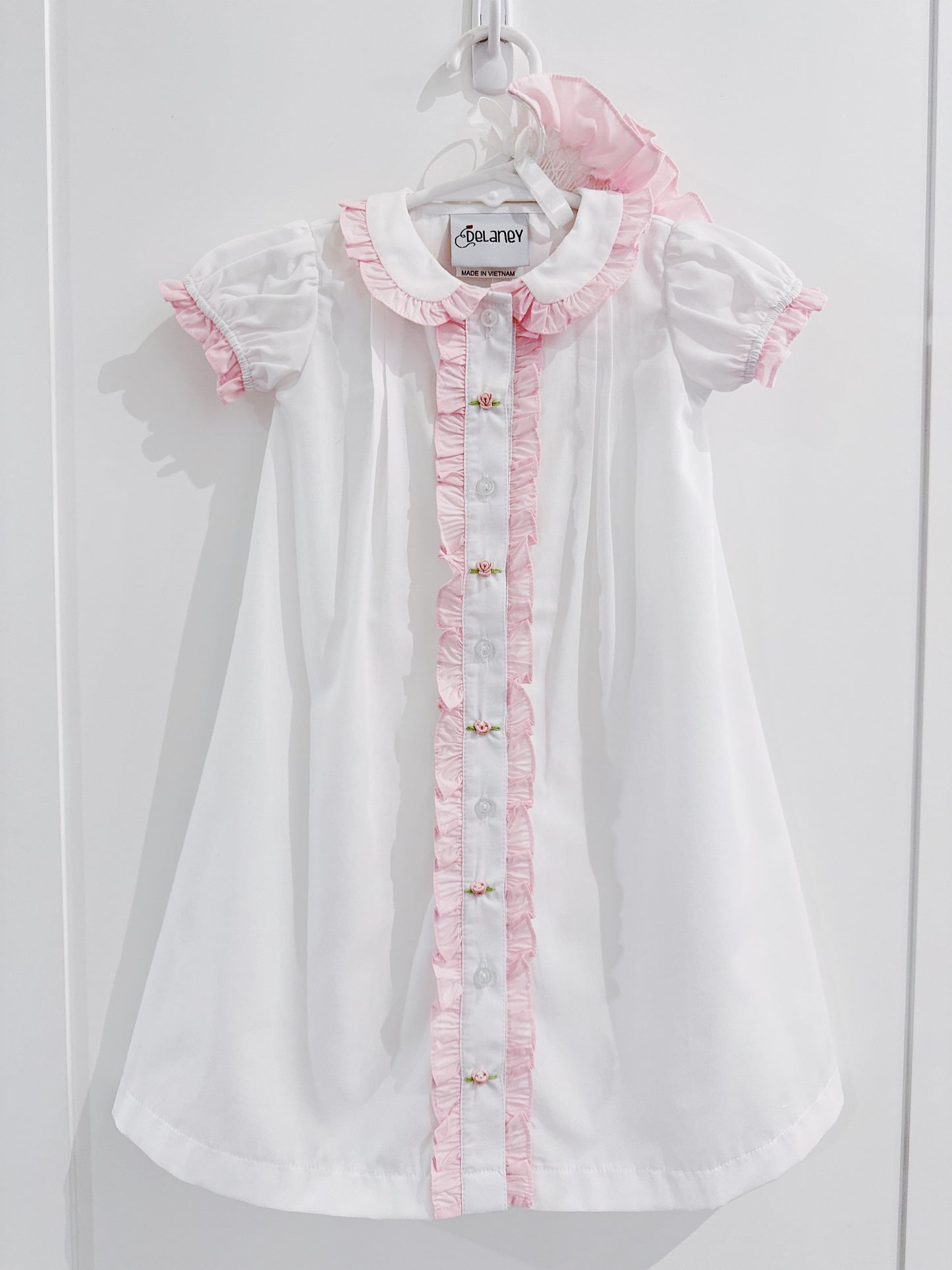 Delaney White Double Ruffle Daygown with Bonnet
