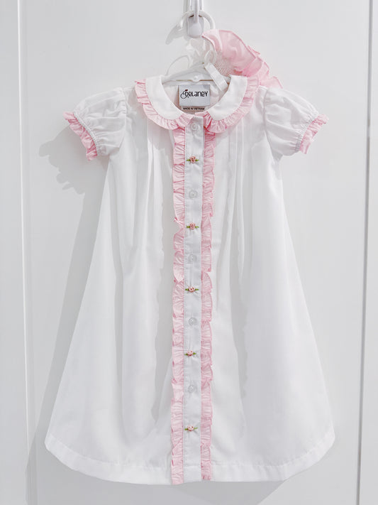 Delaney White Double Ruffle Daygown with Bonnet