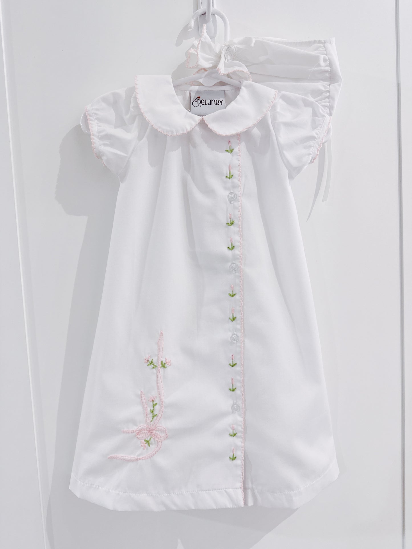 Delaney White Picot Edge Shadow Emb Bow Daygown with Bonnet