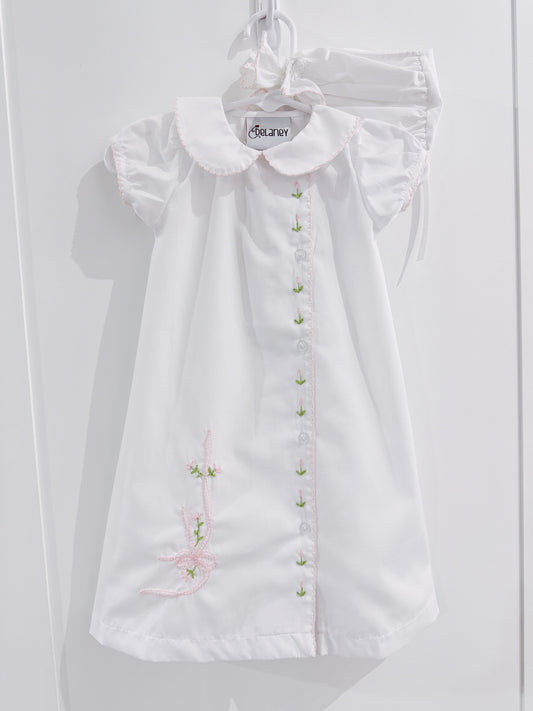 Delaney White Picot Edge Shadow Emb Bow Daygown with Bonnet