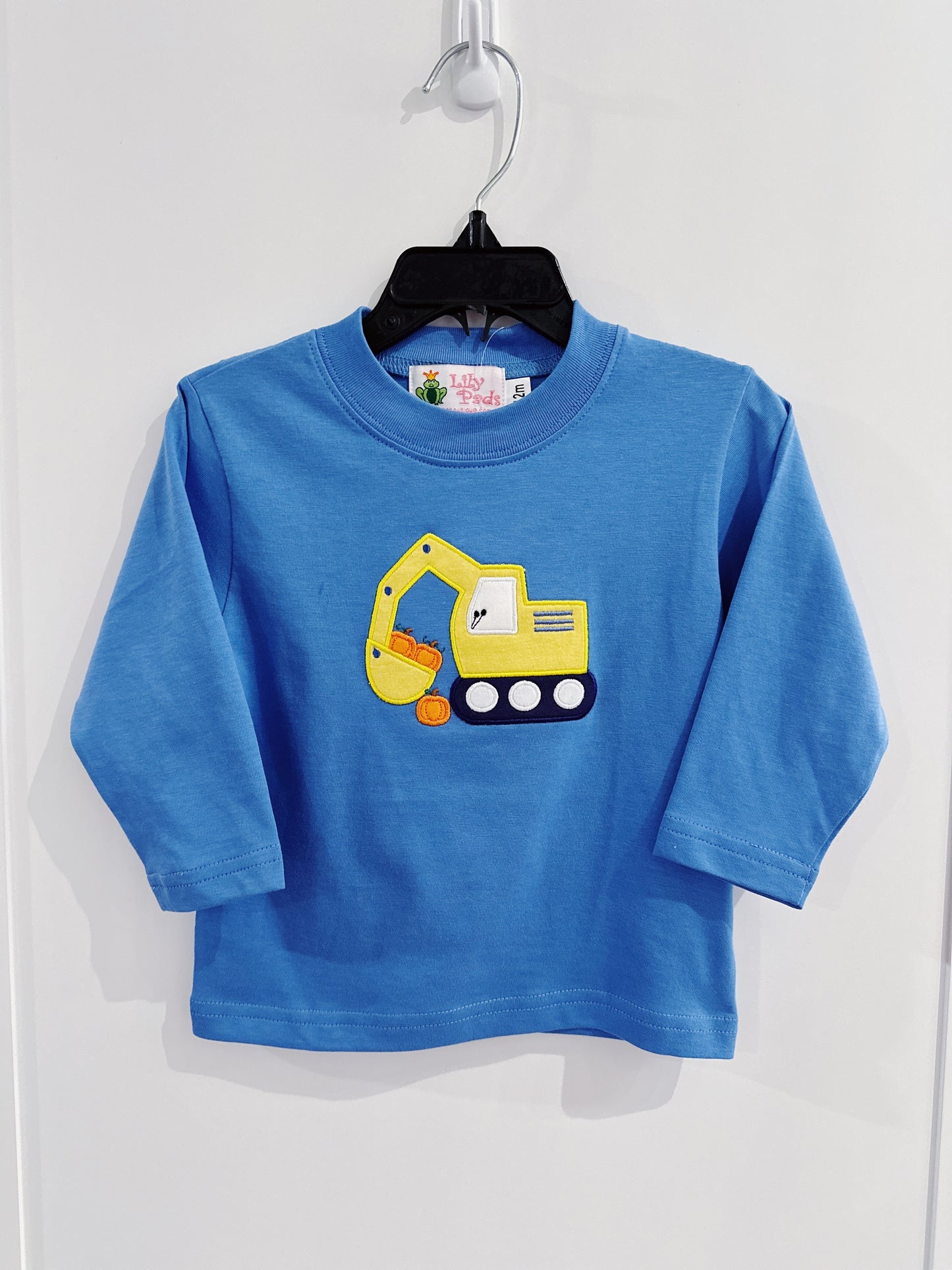 Lily Pads Boys Medium Blue Backhoe with Pumpkins L/S Tee