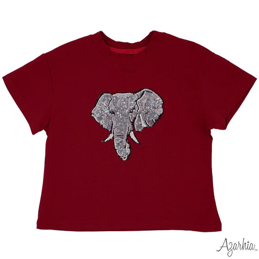 Azarhia Crimson Boxy Game Day Sequin Elephant Tee
