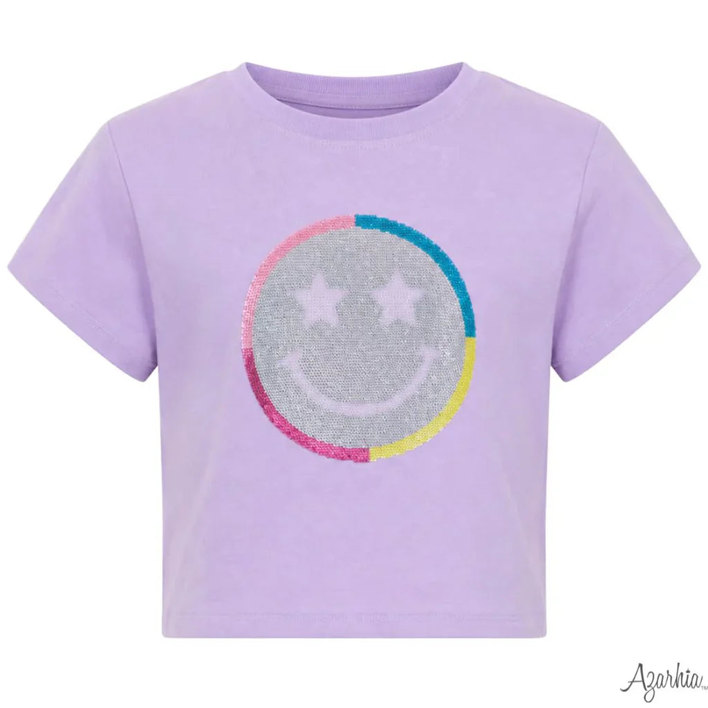 Azarhia Lavender Sequin Star Smiley Face Boxy Tee
