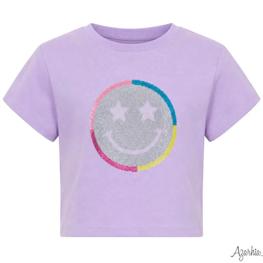 Azarhia Lavender Sequin Star Smiley Face Boxy Tee