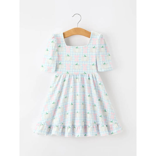 Fall Pastel Pumpkin Ruffle Hem Twirl Dress