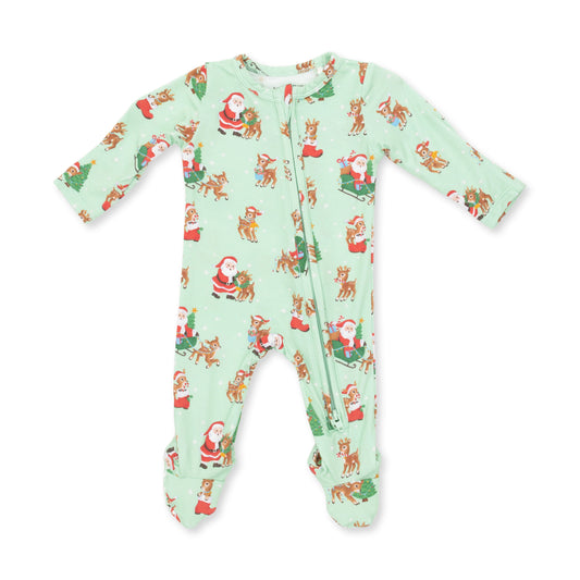 Angel Dear Blue Vintage Reindeer & Santa 2 Way Zipper Footie