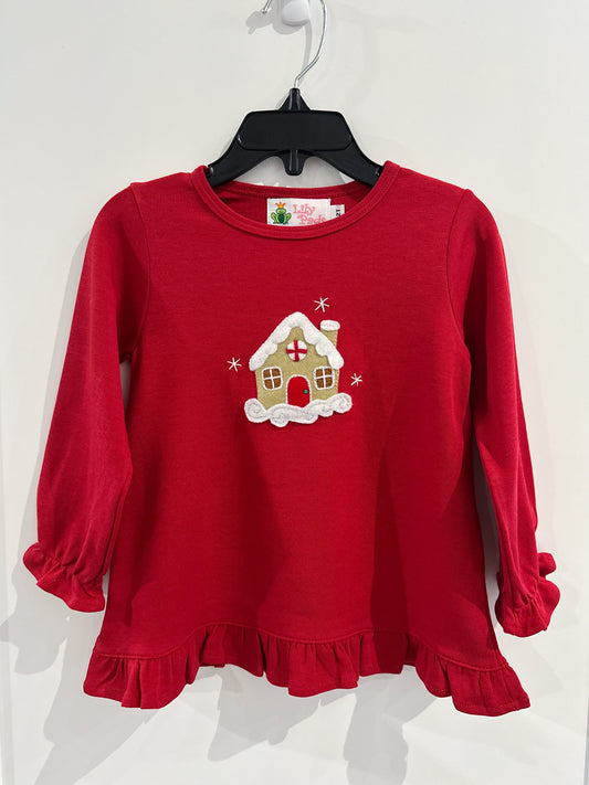 Lily Pads Girls Red Gingerbread House L/S Swing Top