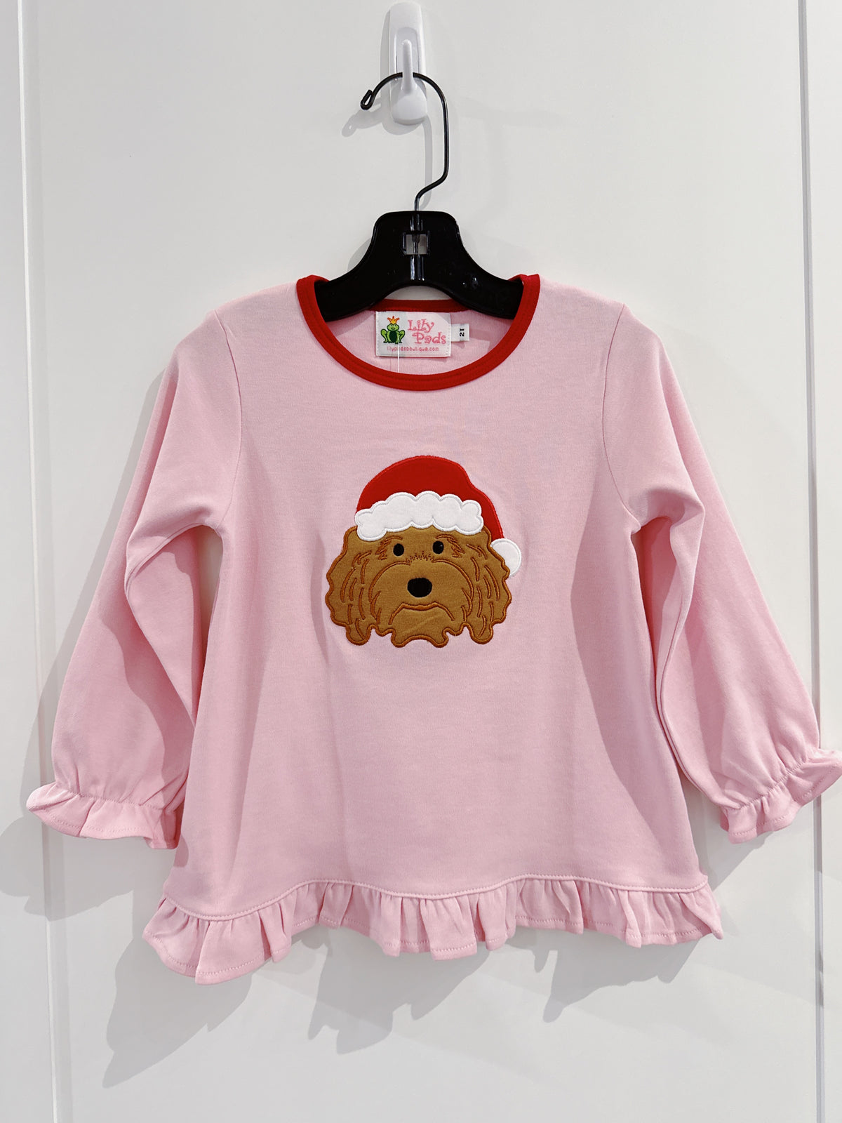Lily Pads Girls Pink/Red Pup with Santa Hat L/S Swing Top