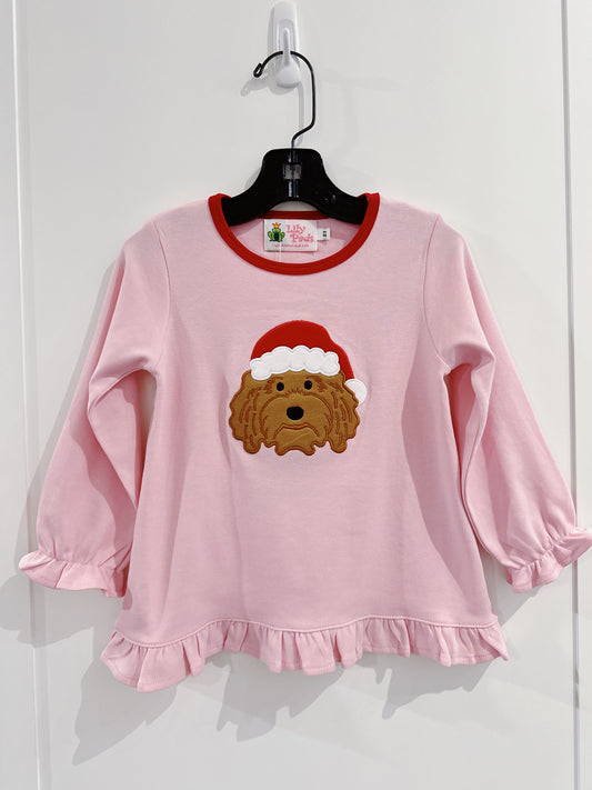 Lily Pads Girls Pink/Red Pup with Santa Hat L/S Swing Top